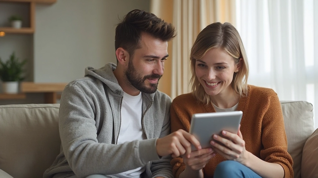 Семья планирует бюджет с использованием приложения на планшете