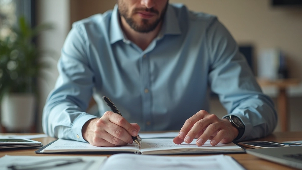 Человек планирует месячный бюджет в домашнем офисе