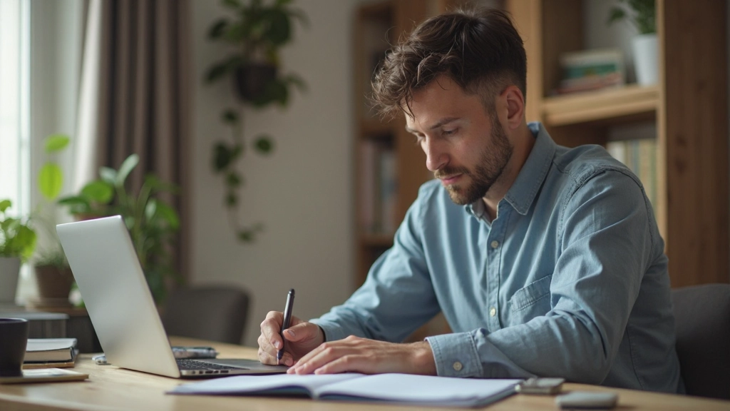 Человек планирует месячный бюджет в домашнем офисе