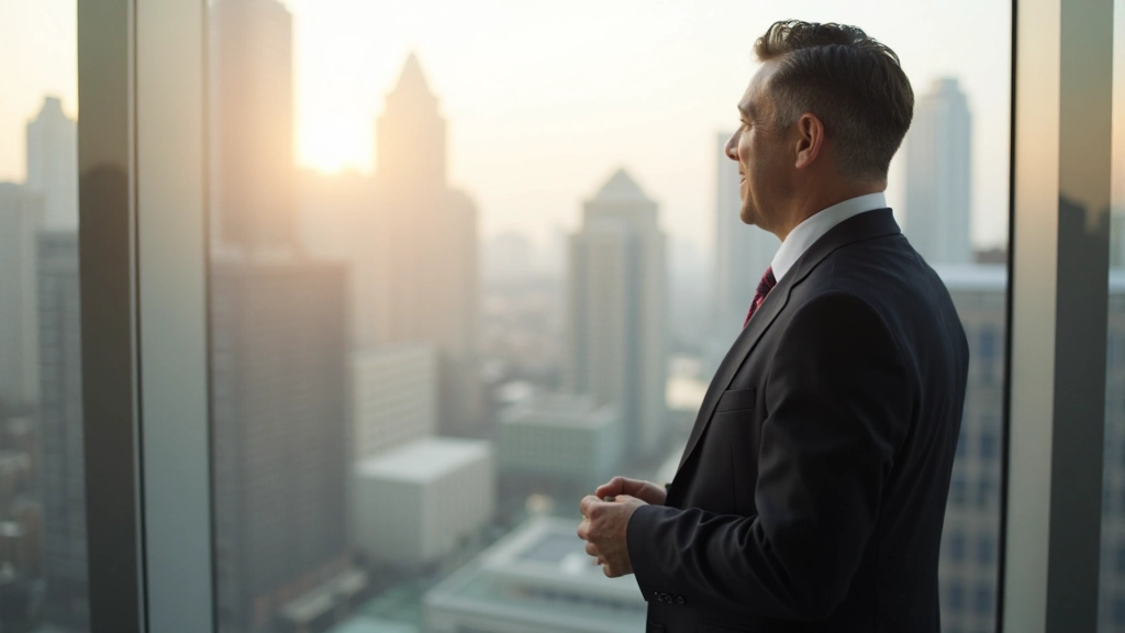 Человек с целью достичь финансовой свободы, поднимающийся по лестнице финансового роста