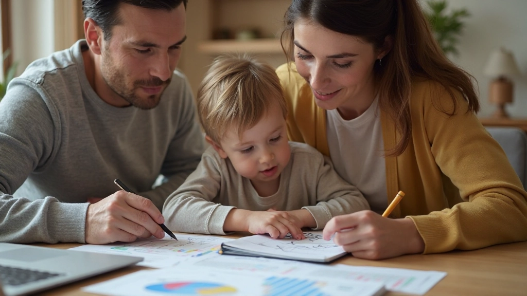 Родители и ребенок обсуждают финансовый план семьи