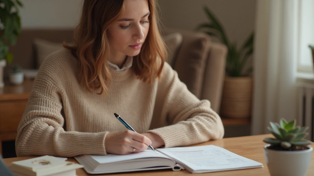 Женщина анализирует расходы, изучая записи в тетради с диаграммами и категориями трат